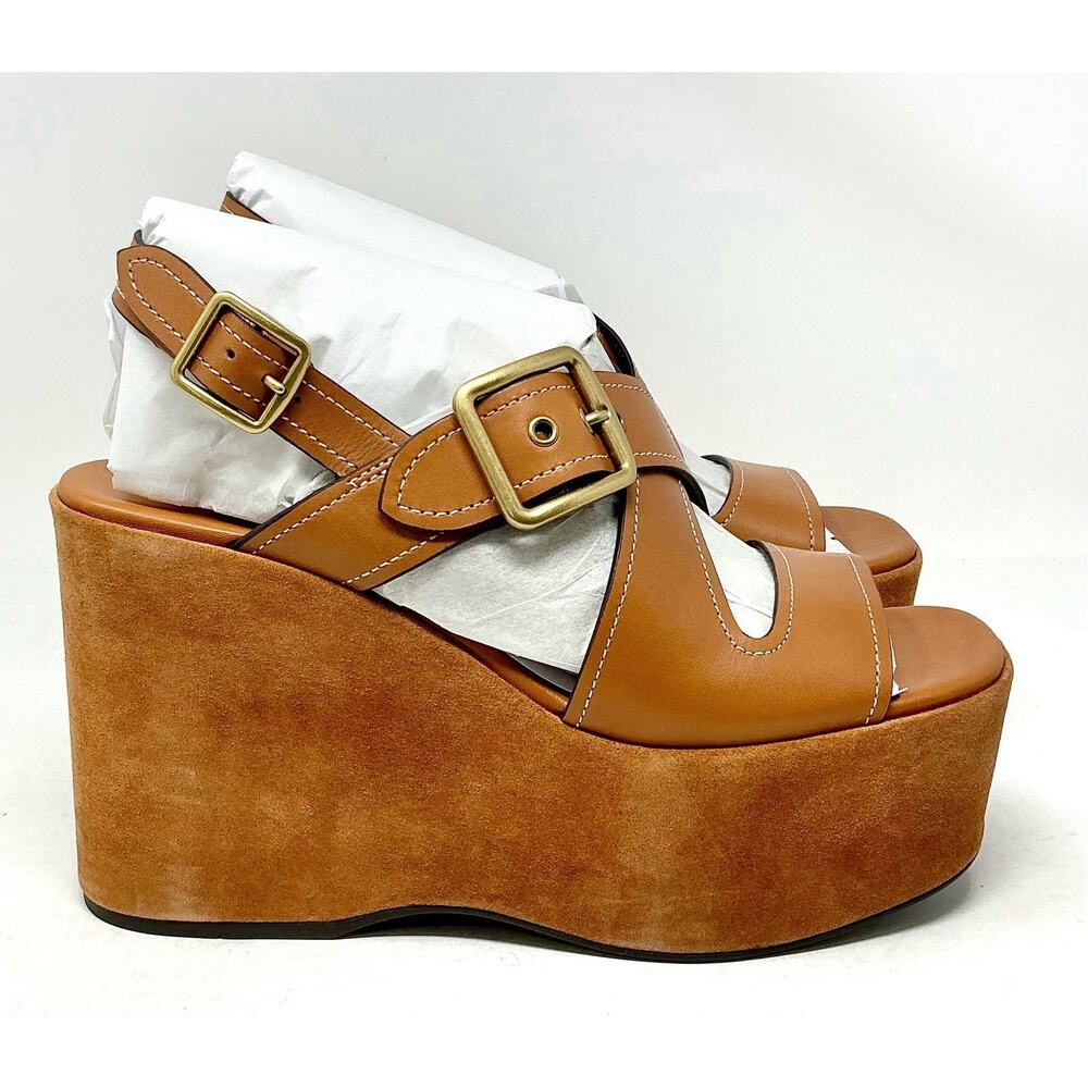 Coach Archival Buckle Platform Sandals Tan Cognac Suede Wedge Size 10 NIB - Picture 7 of 15